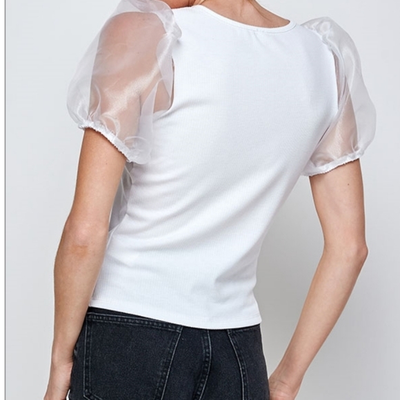 Dressy White Sheer Puff Sleeve Ribbed Top - Picture 4 of 6